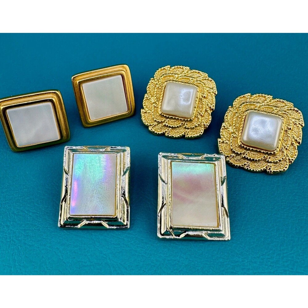 Vintage Clip On Earrings Lot Gold Tone Faux Pearl Square Rectangle Some Signed